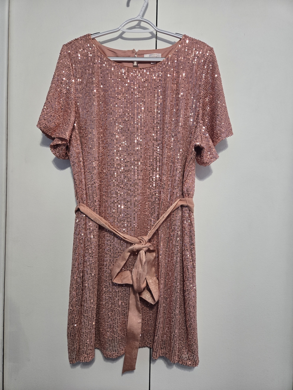 LC Lauren Conrad XXL Rose Gold Sequin Flutter Sleeve Belted Party Dress